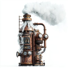 Futuristic steam-powered machine emitting controlled white mist, placed on a bright white background