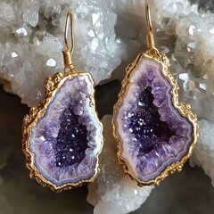 Raw Amethyst Geode Slice Earrings with Gold Wire Wrapping
