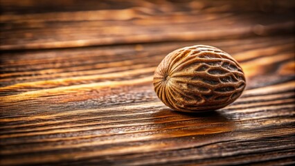 A single nutmeg seed rests on a weathered wooden surface, the intricate details of its textured shell highlighted by the warm light.