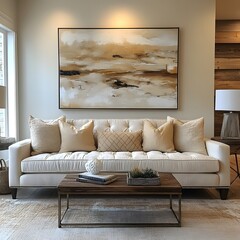 Stylish living room featuring a modern sofa and abstract wall art viewed from a wide angle to capture the cozy furnishings and the warm atmosphere created by neutral tones and natural elements