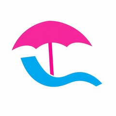 Beach umbrella and wave icon in pink and blue colors.