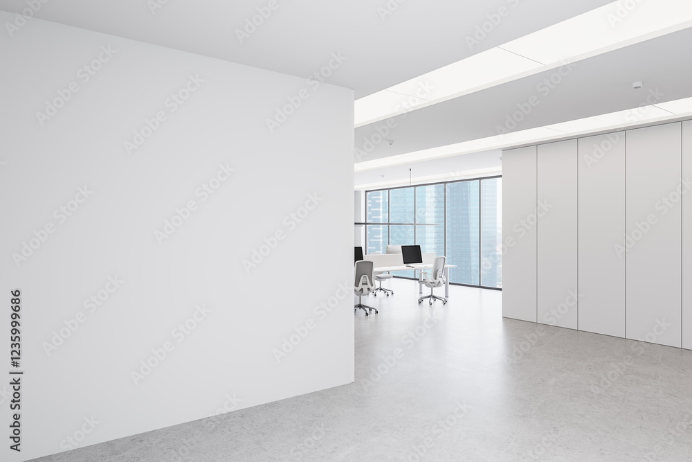 Poster minimalist open office space with blank white wall and large windows. 3d rendering