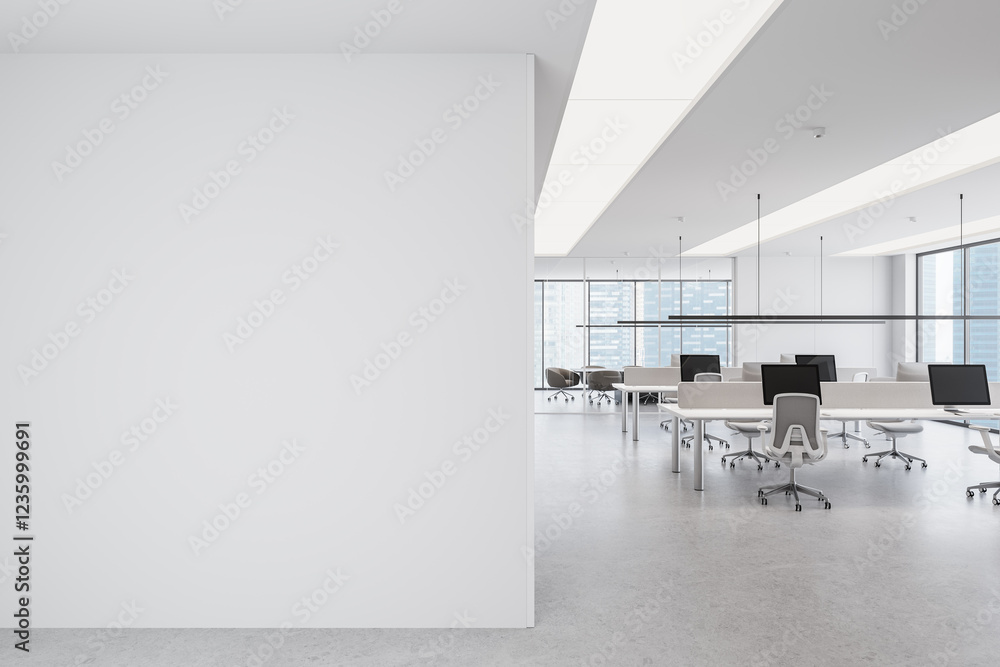 Aufkleber modern open office space with blank wall for mockup display. 3d rendering