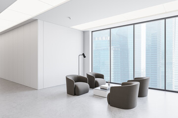 Modern office lounge area with gray chairs and panoramic windows. 3D Rendering