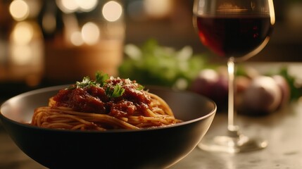 romantic italian dinner with spaghetti and red wine