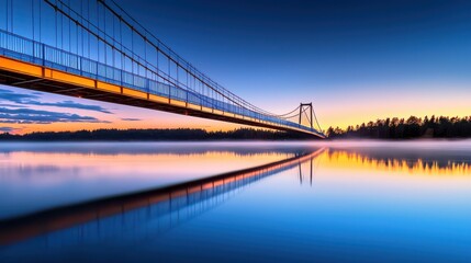 Fototapeta premium A suspension bridge spanning a calm river under a clear twilight sky.