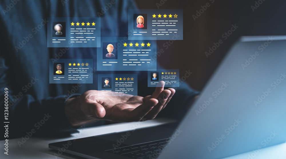 Poster digital customer review concept with floating star ratings and user profiles.