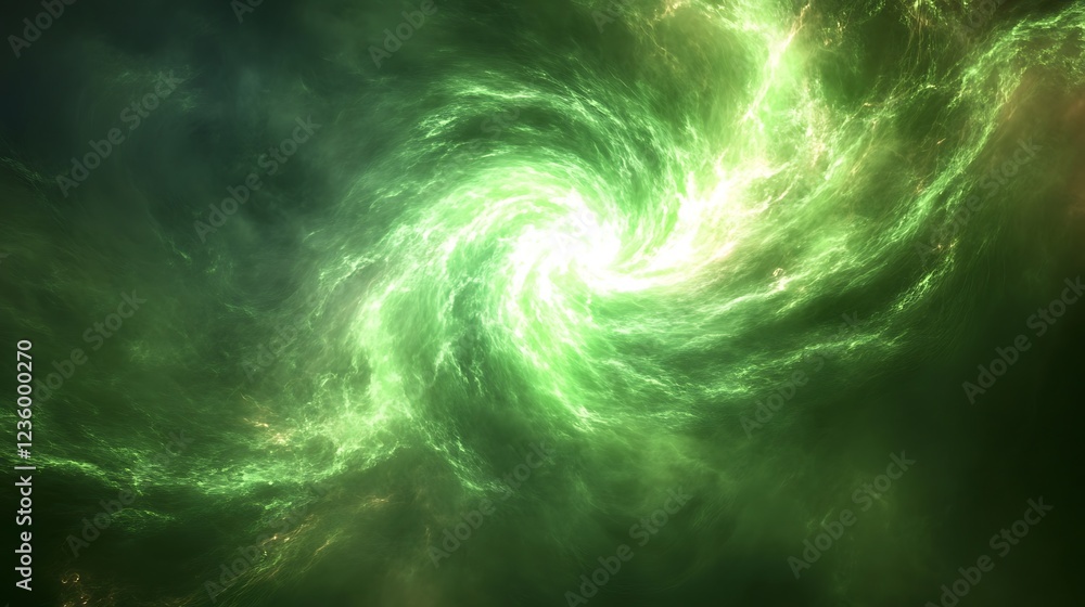 Poster abstract cosmic vortex, vibrant green nebula in space, possible use as background image
