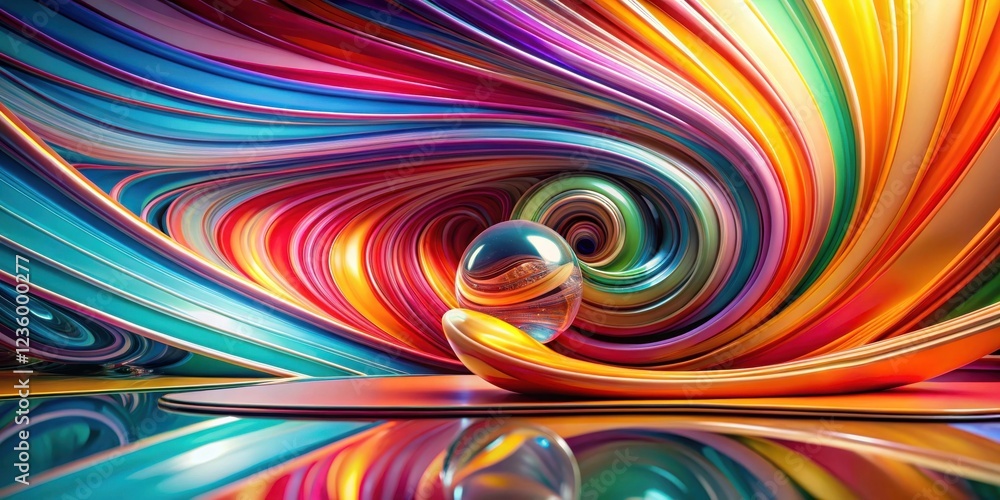 Aufkleber a sphere rests upon a curved, multi-colored, abstract shape, surrounded by a swirling, colorful vort