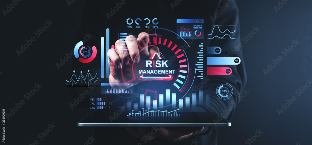 Poster risk management concept with futuristic interface displaying analytics and graphs on a tablet screen
