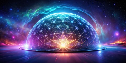 A futuristic dome structure with intricate geometric patterns against a backdrop of a celestial sky, illuminating the landscape with a radiant glow.