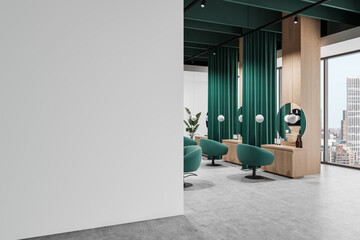 Modern salon interior with blank white wall for mockup or design template. 3D Rendering