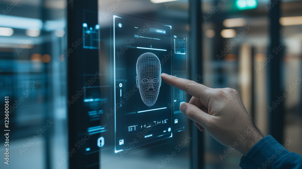 Aufkleber biometric authentication: a hand interacts with a futuristic biometric security system, scanning a d