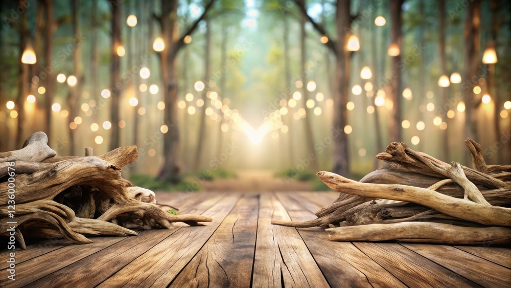 Aufkleber rustic wooden planks with gnarled driftwood on the edge in front of a magical forest with fairy ligh