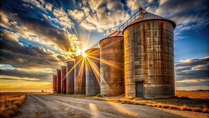 Obraz premium Rusty grain silos bathed in the golden rays of a setting sun, casting long shadows across a dusty road