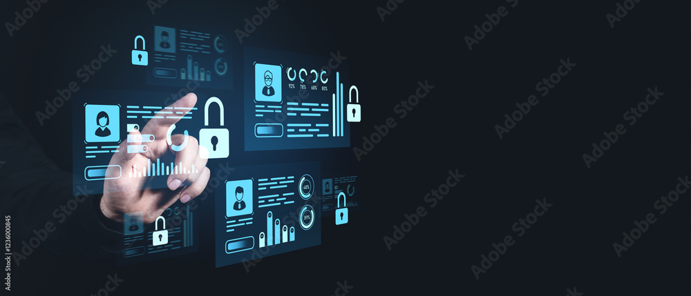 Poster digital interface with security icons and a hand interacting with virtual data panels.