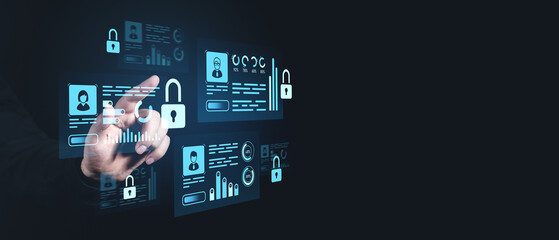 Digital interface with security icons and a hand interacting with virtual data panels.