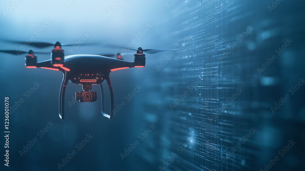Poster drone in digital space: a sleek black drone with red lights navigates a digital landscape of binary 