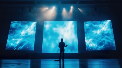 Professional speaker engaging audience at a corporate event, conveying innovation and leadership in a dynamic business setting.