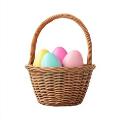 A woven basket filled with colorful pastel eggs, perfect for Easter celebrations.