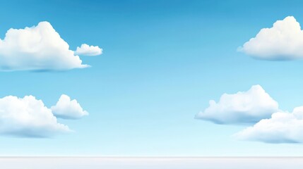Clear blue sky with soft white clouds scattered evenly, creating a serene and calming atmosphere, perfect for a minimalist aesthetic
