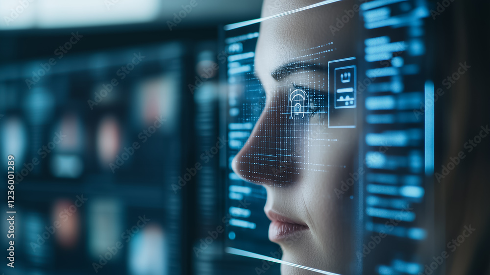 Poster digital identity: a woman's face is partially obscured by a digital interface, representing the inte