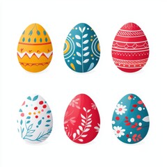 Colorful decorated Easter eggs in various patterns and colors arranged in a grid format.