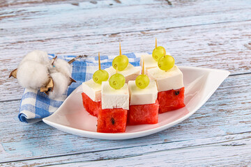 Watermelon with feta and grape