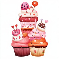A colorful stack of adorable cupcakes decorated with hearts and sprinkles, perfect for a sweet celebration.