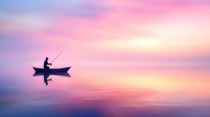 Obraz premium Lone fisherman in a small boat silhouetted on a calm lake, with soft reflections and a pink-hued evening sky