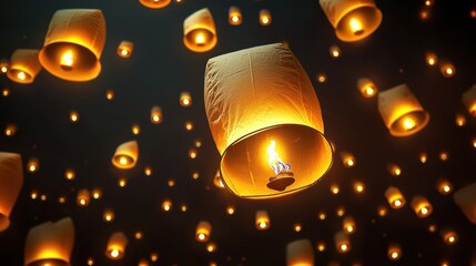 Lantern festival in Chiang Mai, Thailand, thousands of glowing lanterns floating in the night sky, creating a magical ambiance