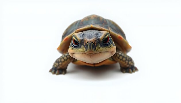 Intense Gaze of a Baby Tortoise on White Background