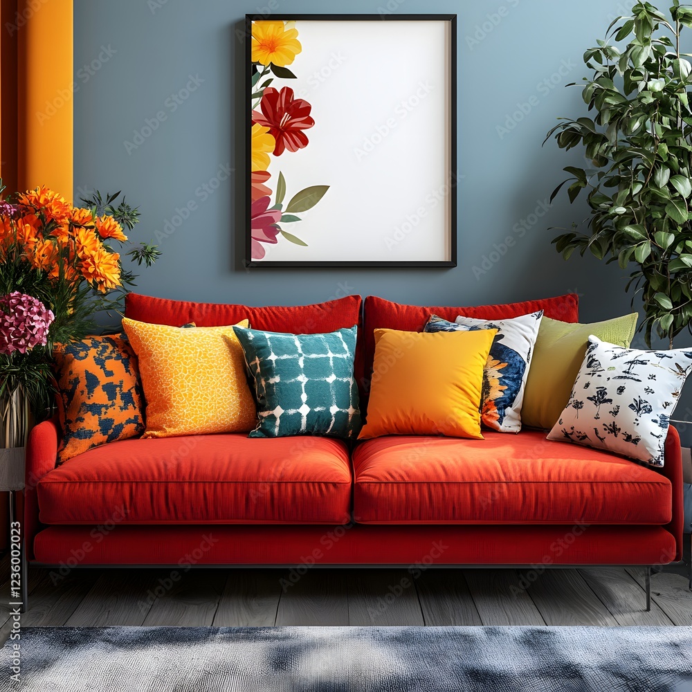 Poster stylish sofa setup adorned with bold cushions and fresh flowers creating a cheerful atmosphere with 