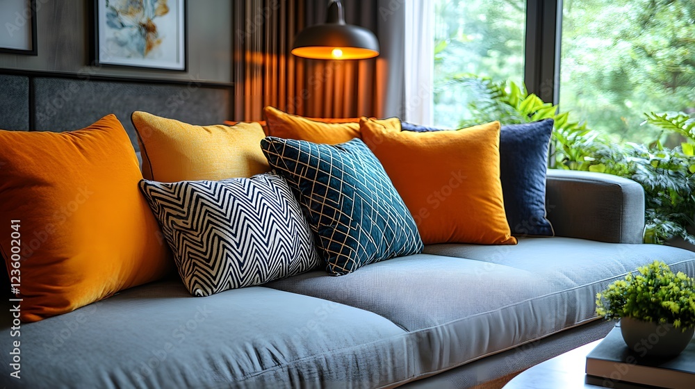 Poster stylish sofa setup in a cozy corner with bold cushions and fresh flowers viewed from a side angle sh