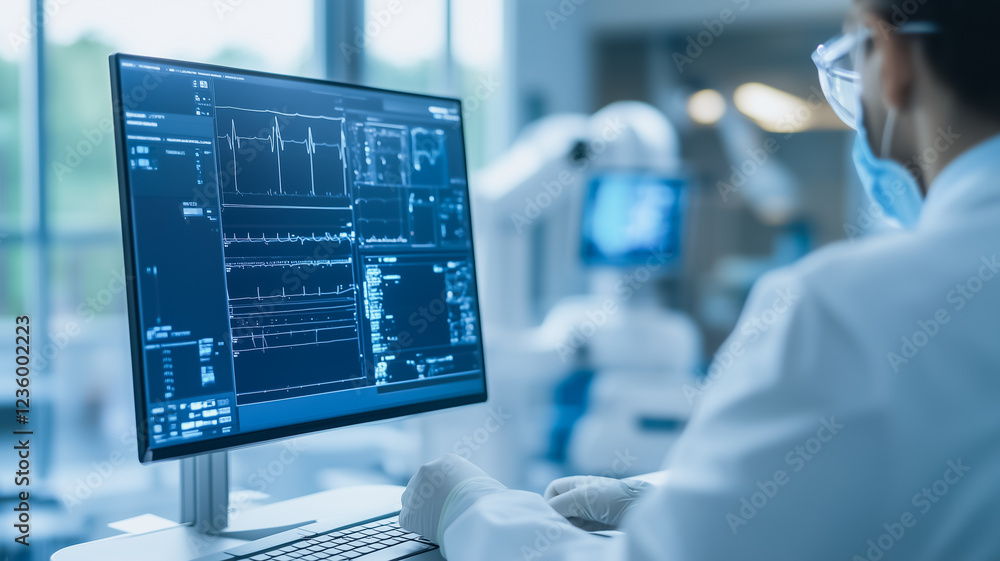 Poster scientist analyzing data: a scientist, wearing protective gear, meticulously reviews complex data on