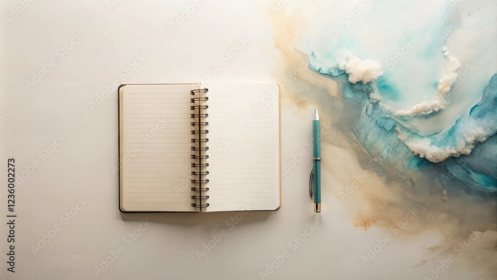 Poster a blank notebook and a blue pen rest beside a whimsical watercolor background, ready for new ideas a