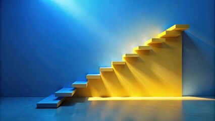 A minimalist staircase with a contrasting blue and yellow background, illuminated by a single spotlight casting a bright beam on the steps, symbolizing the path to success.