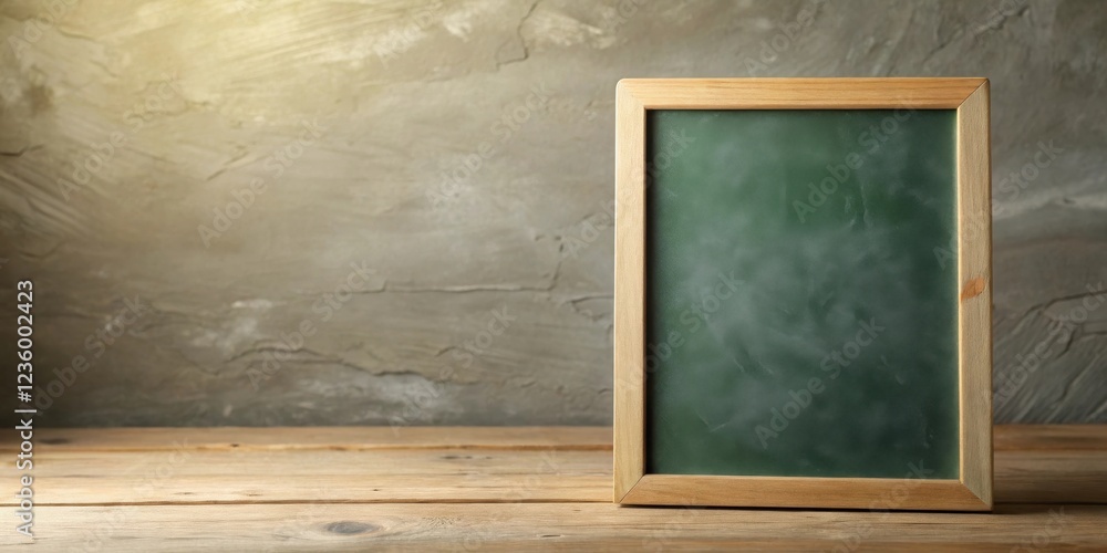 Poster a rustic wooden frame encases a blank green chalkboard on a weathered wood tabletop with a concrete 