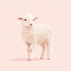 Obraz premium Adorable fluffy white lamb on a pink background illustration