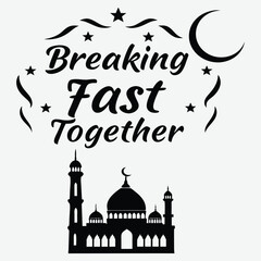 A grand iftar gathering inside a mosque courtyard, with "Breaking Fast Together" text  silhouette image vector art and illustration