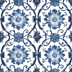 Floral pattern design in blue and white, featuring intricate flowers and vines.