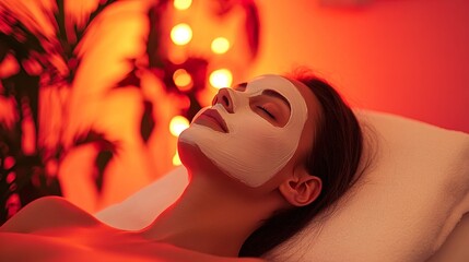 Woman enjoying a facial mask in a serene spa setting, embodying relaxation and luxury.