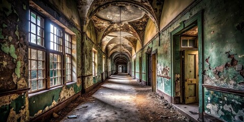 Fototapeta premium Abandoned Hospital Corridor in Gloom and Shadows
