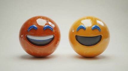 Two happy emoji spheres on plain background. Possible use Digital art, social media