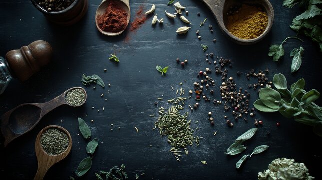 aromatic spices and herbs on dark background