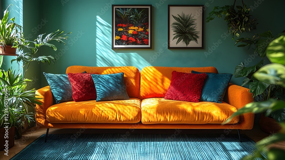 Poster stylish sofa setup in a cozy corner with bold cushions and fresh flowers viewed from a side angle sh