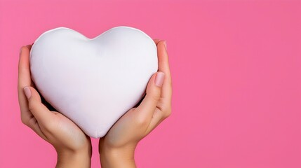 Fototapeta premium Hands Holding White Heart-Shaped Pillow Against Pink Background