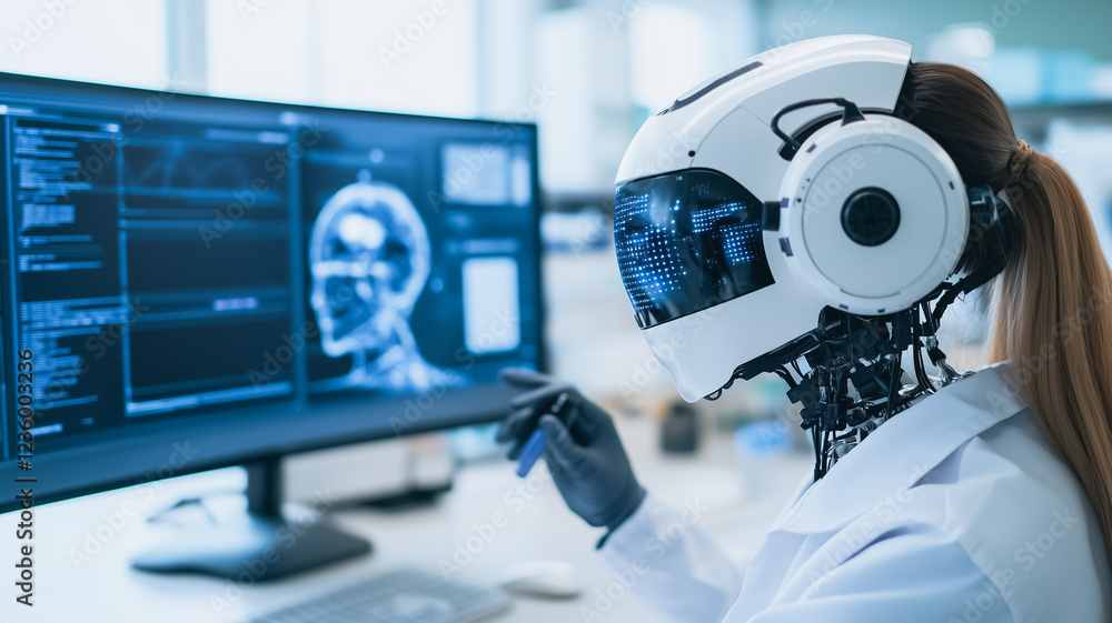 Poster humanoid robot in lab: a humanoid robot, dressed in a white lab coat, interacts with a computer scre
