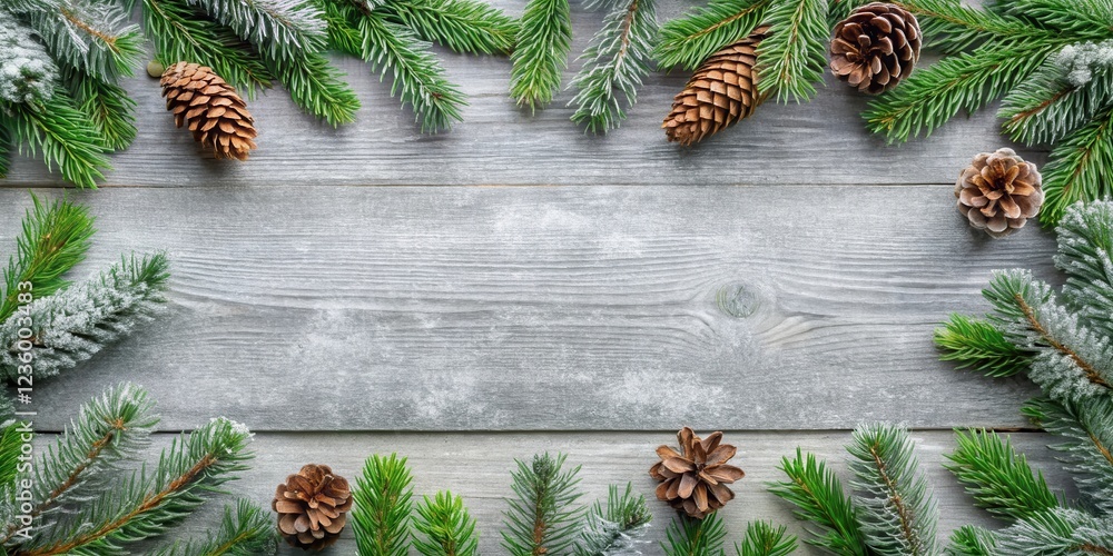 Poster Frosted Pine Branches and Pine Cones Create a Festive Border on a Rustic Wood Background