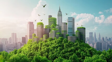 Obraz premium Green Cityscape Concept with Buildings Blending into Nature, A Sustainable Urban Future
